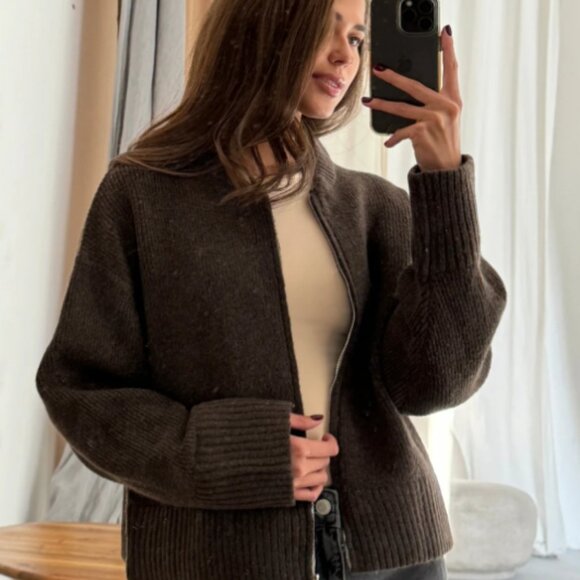 Charli Zoey Zip Cardigan Dark Espresso Full-Zip Bomber Sweater Supersoft Blend - Picture 1 of 11